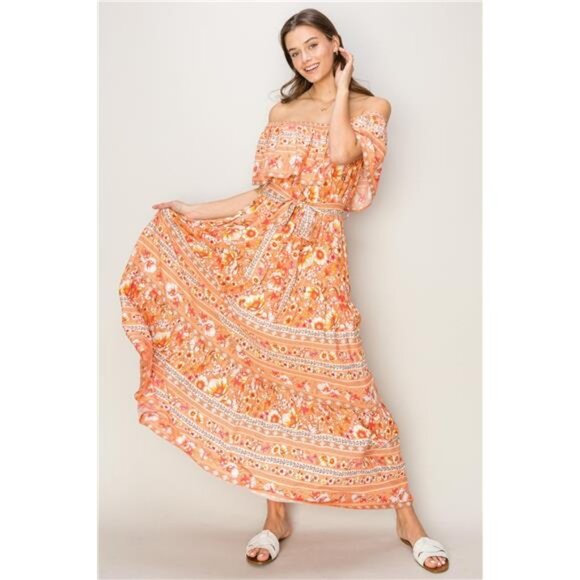 NWT 🌺 HYFVE Floral Off-Shoulder Tie Front Maxi Dress, Apricot, Flowy, Feminine - Picture 2 of 5